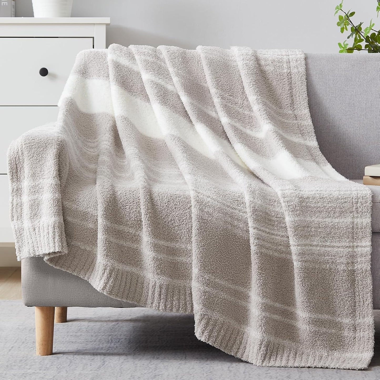 WRENGONGE Taupe Throw Blanket - Cozy Soft Striped Design