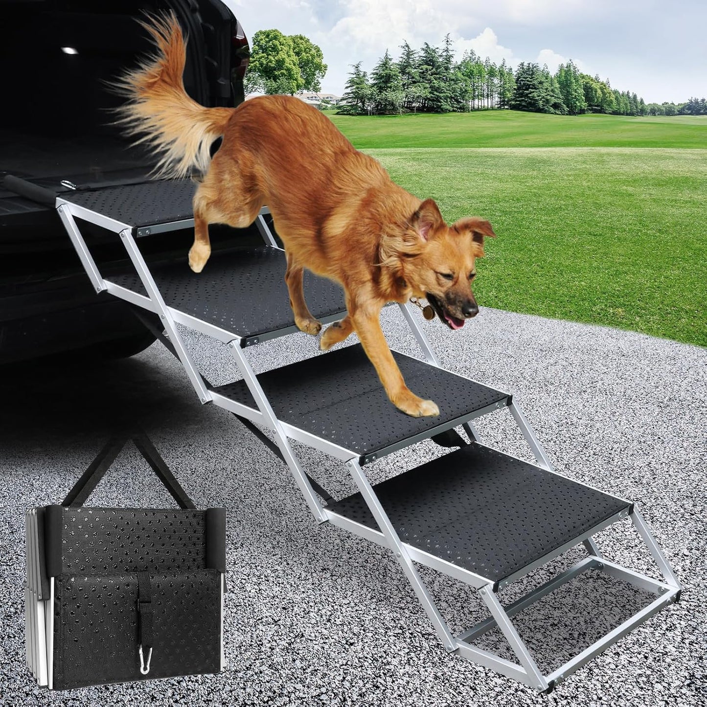 DGSL Dog Ramp for Car - 4-Step Folding Stairs for Pets