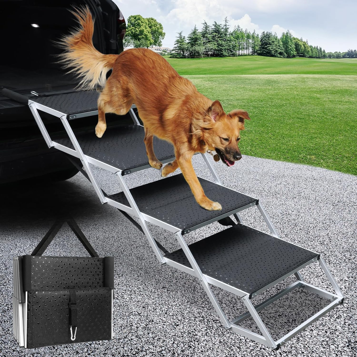 DGSL Dog Ramp for Car - 4-Step Folding Stairs for Pets