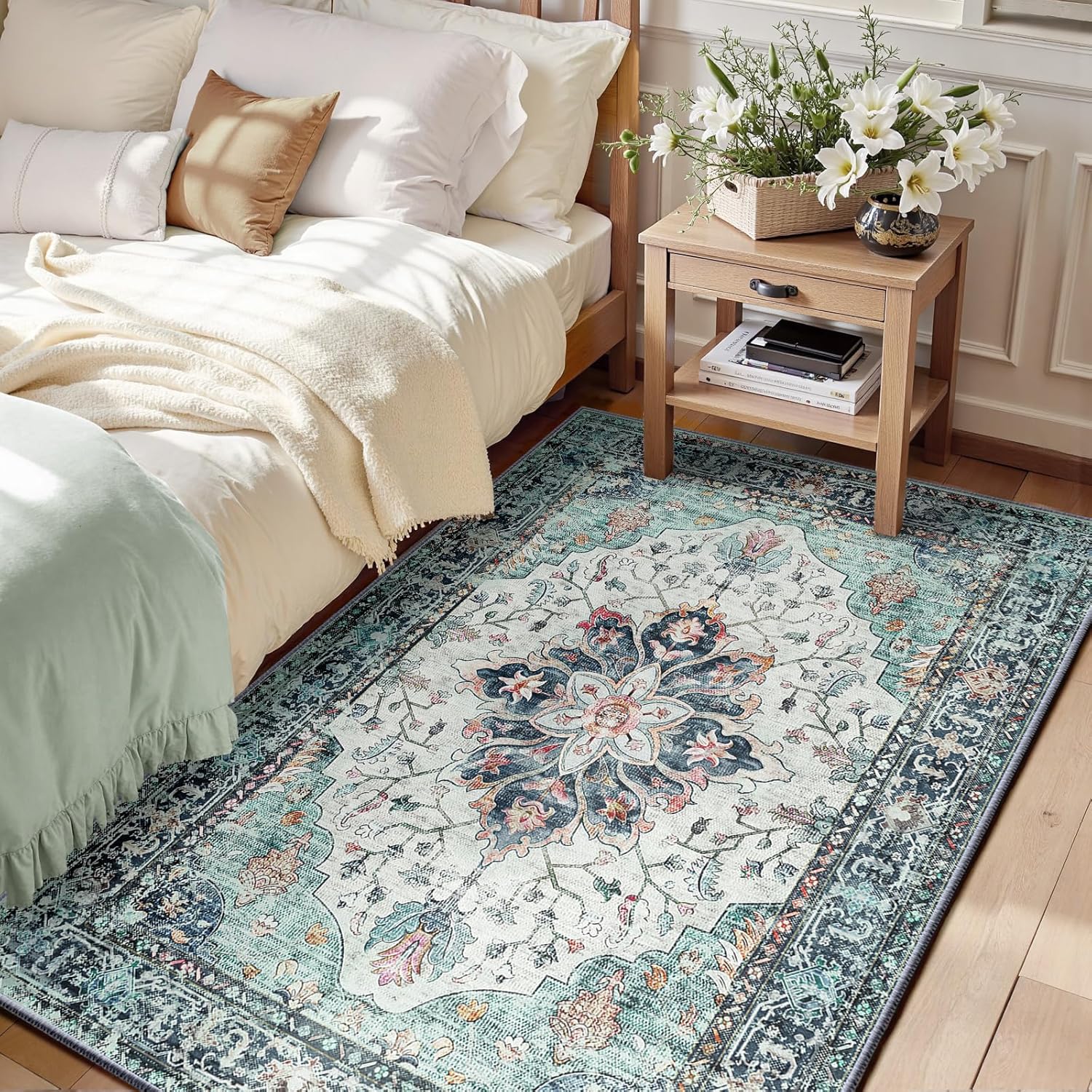 Vintage Floral Area Rugs 3ftx5ft Washable Non-Slip Carpet