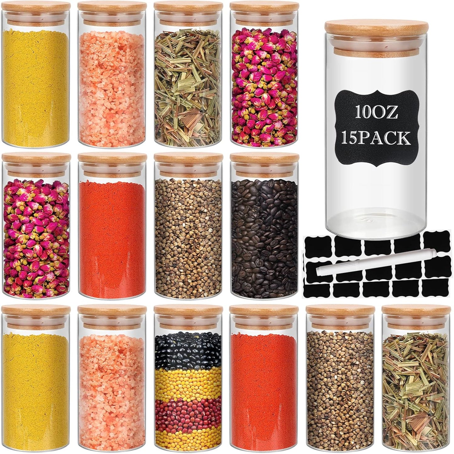 Glass Food Storage Containers with Airtight Bamboo Lids - 15 pcs