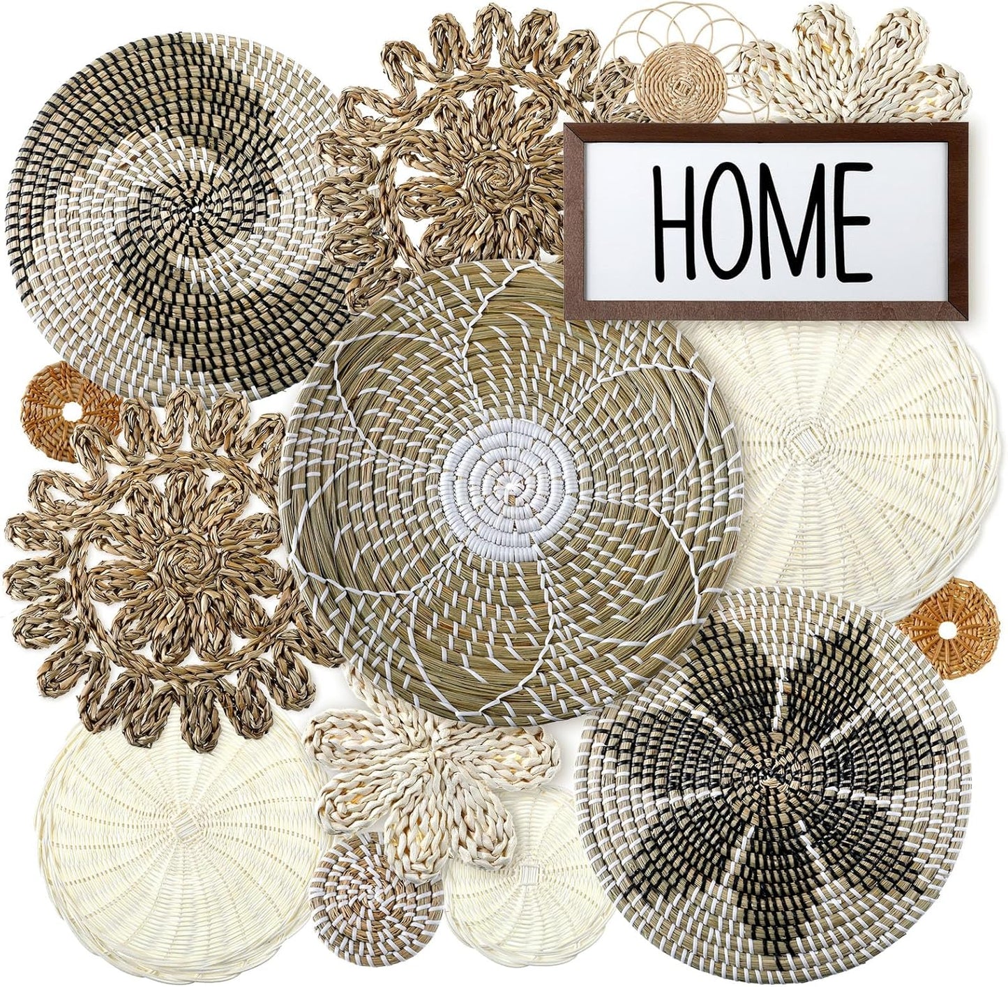 Boho Wall Basket Decor Set - 15 Handcrafted Seagrass Baskets