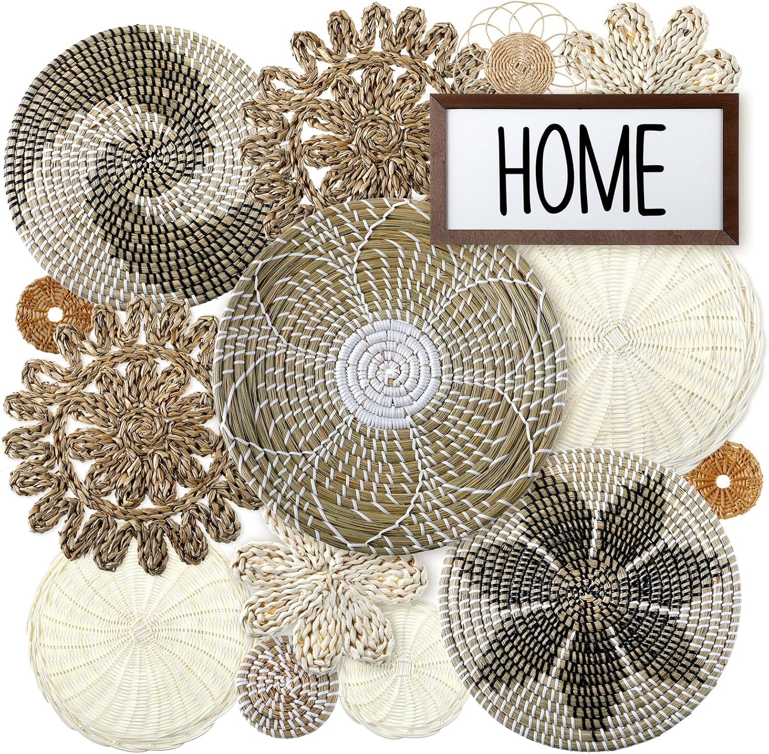 Boho Wall Basket Decor Set - 15 Handcrafted Seagrass Baskets