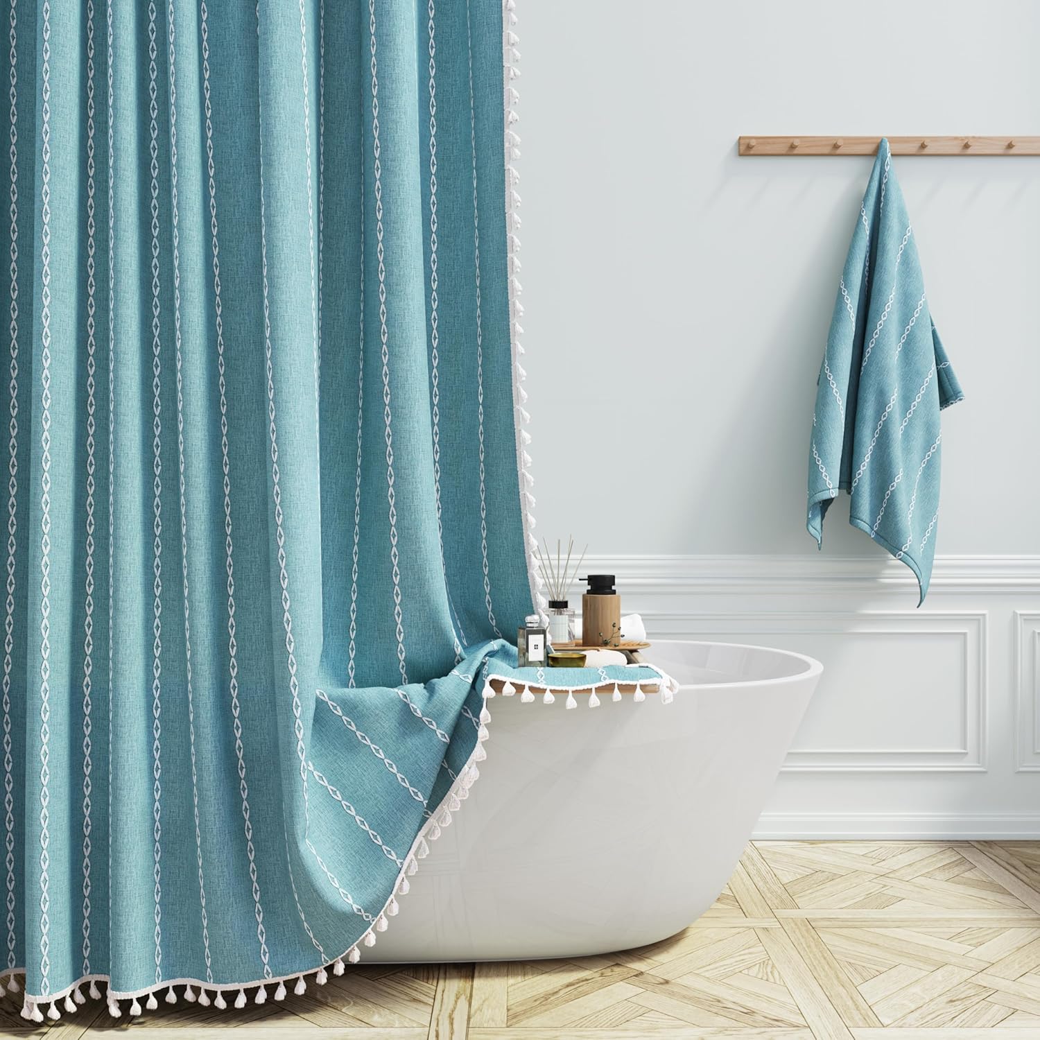 Boho Farmhouse Linen Striped Shower Curtain Set with Tassel