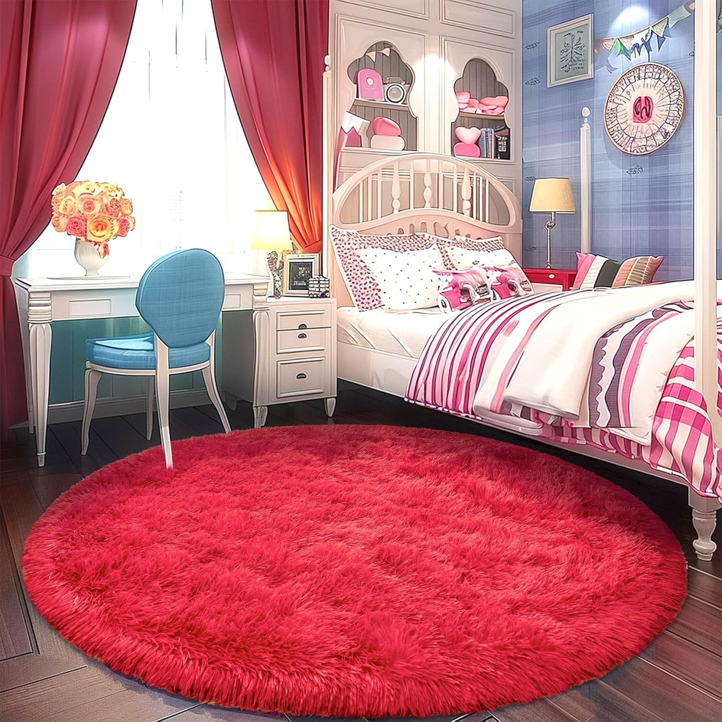 Round Fluffy Carpet 5FT Red - Soft Circle Rug for Kids Room