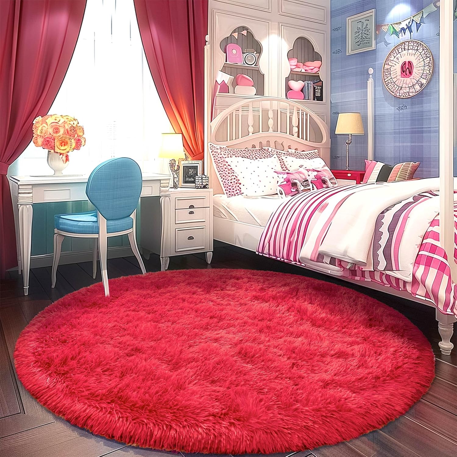 Round Fluffy Carpet 5FT Red - Soft Circle Rug for Kids Room