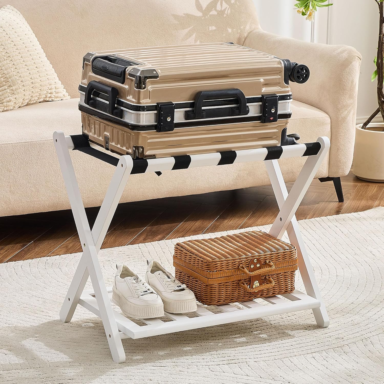 Bamboo Foldable Luggage Rack for Guest Room with Storage Shelf