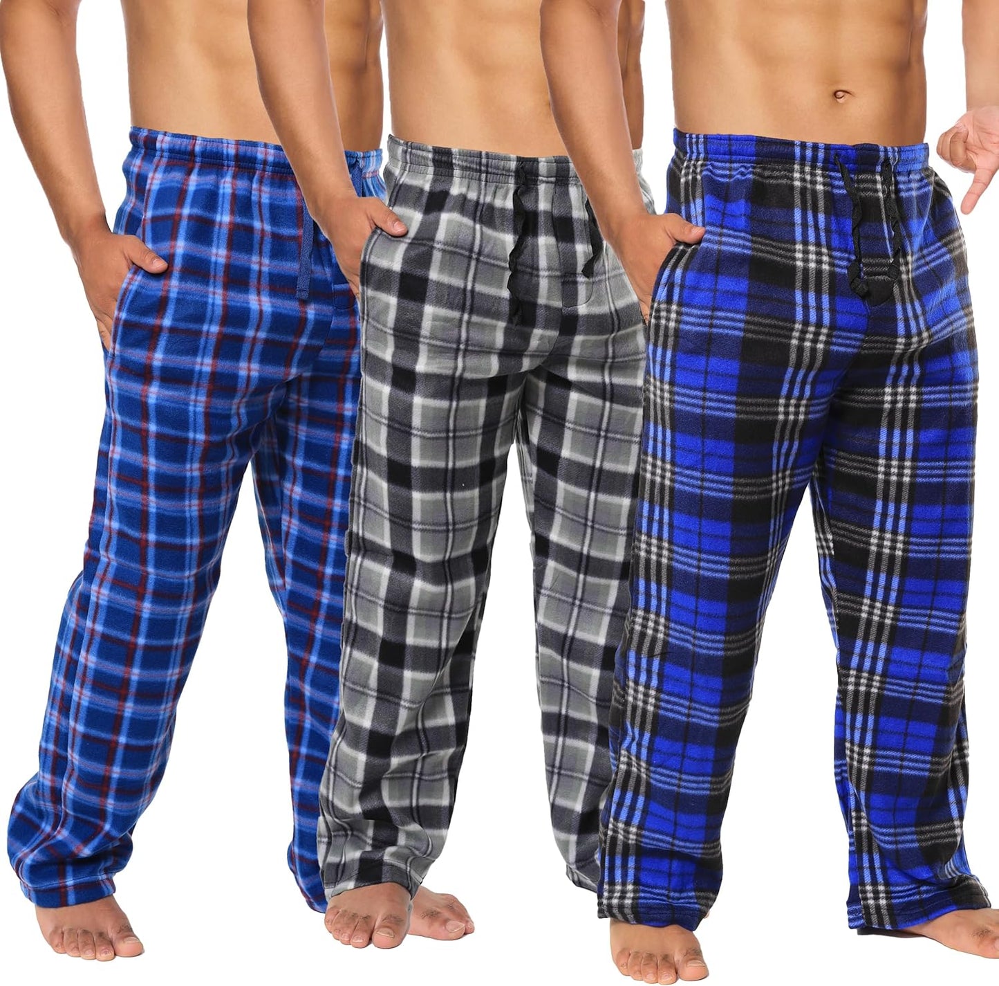 Cozy Mens Fleece Pajama Pants - 3 Pack Plaid Lounge Bottoms