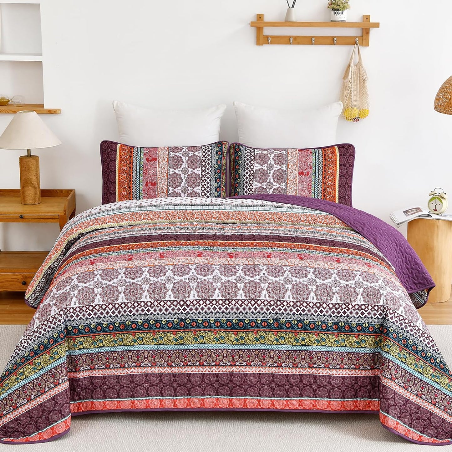 Boho Quilt Set King Size in Purple - Lightweight Microfiber Bedding
