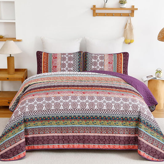 Boho Quilt Set King Size in Purple - Lightweight Microfiber Bedding