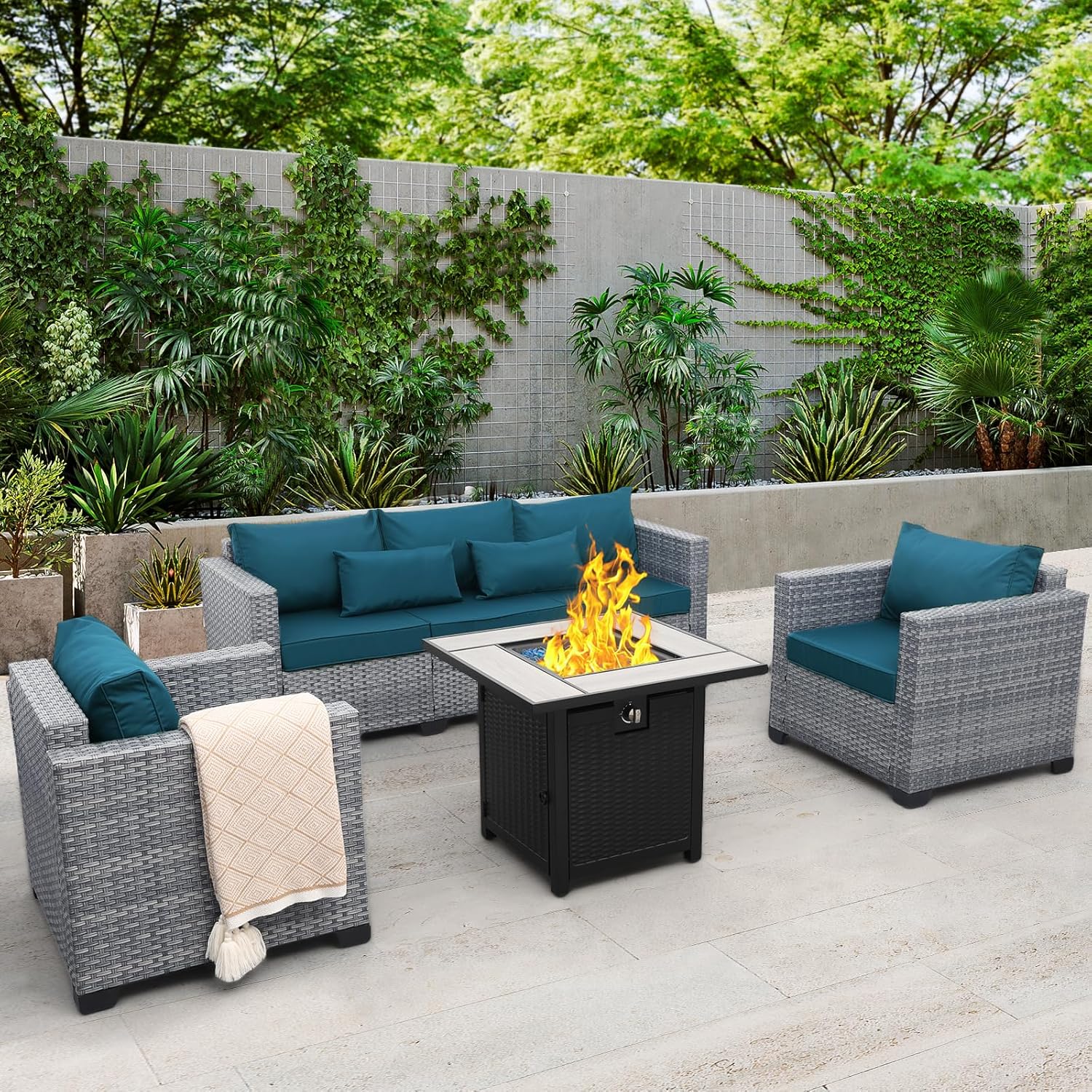 4 Piece Wicker Patio Furniture Set with Fire Pit Table Comfort
