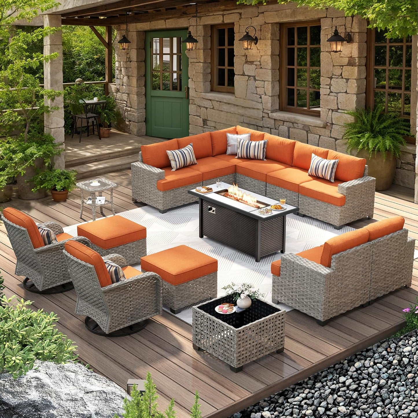 HOOOWOOO Outdoor Sectional Patio Furniture Set with Fire Pit