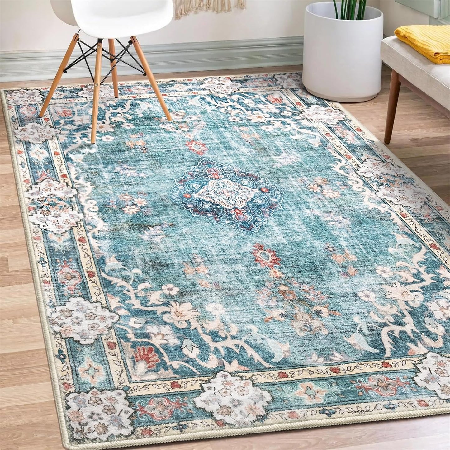MUJOO Boho Rug 3ftx5ft Machine Washable Teal Area Rug for Home