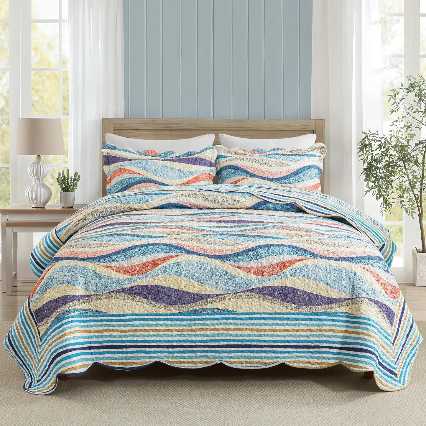 HoneiLife Oversized Queen Quilt Set - Coastal Beach Design