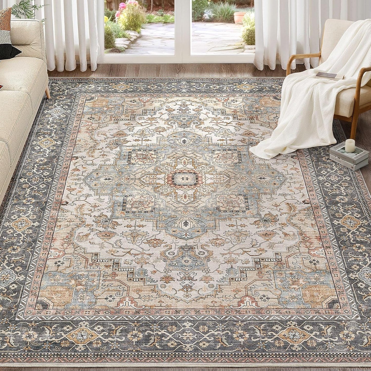 Washable Area Rugs for Living Room - Vintage Distressed Floral