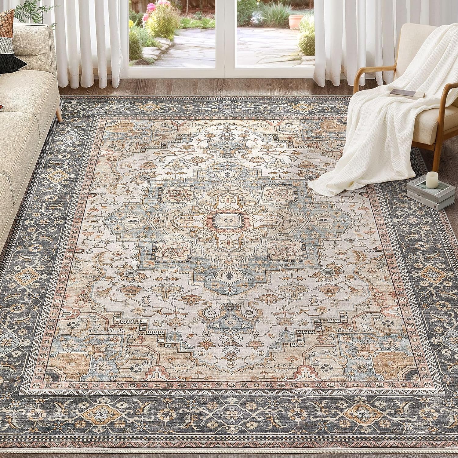 Washable Area Rugs for Living Room - Vintage Distressed Floral
