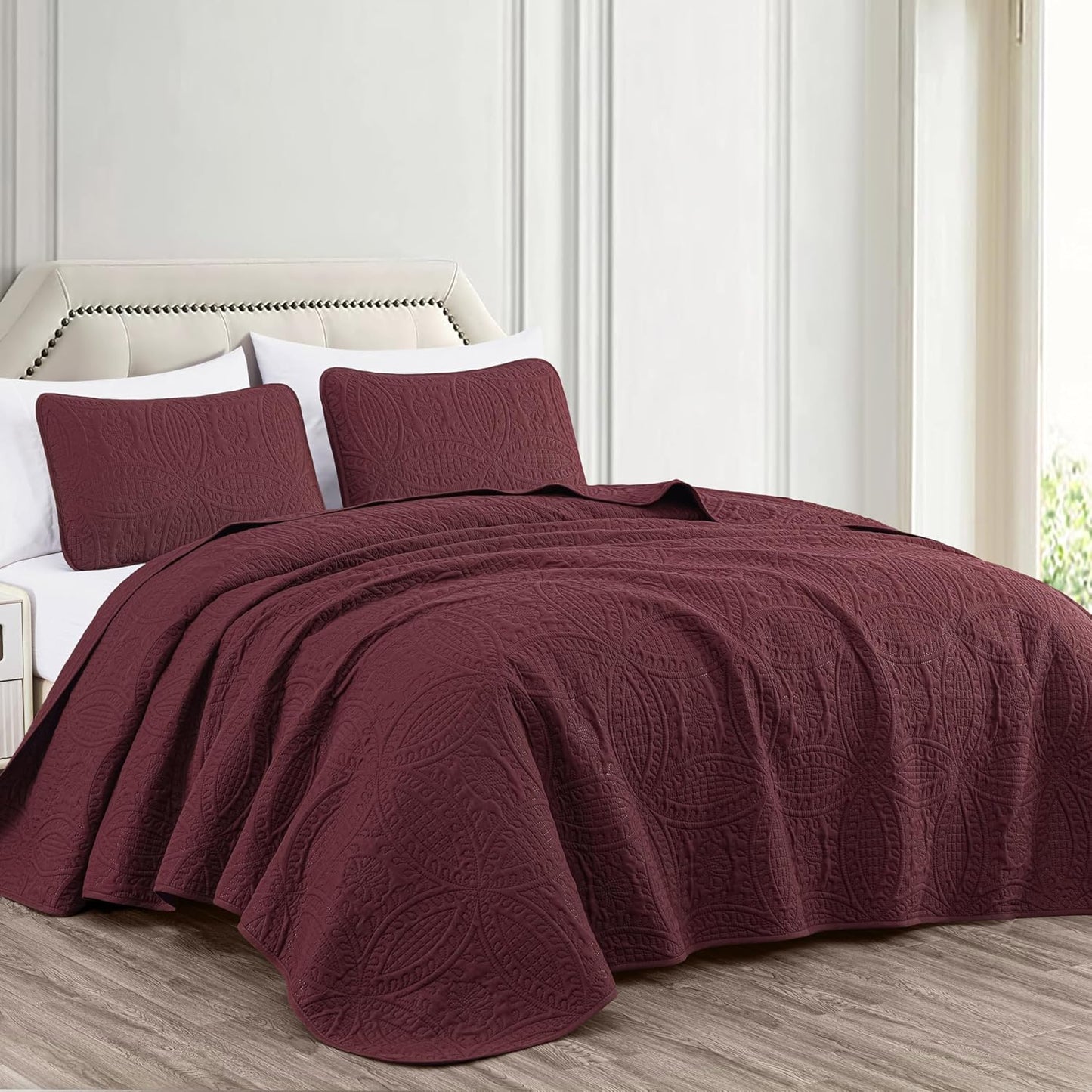 Oversized Bedspread Coverlet Set in Burgundy for King Beds