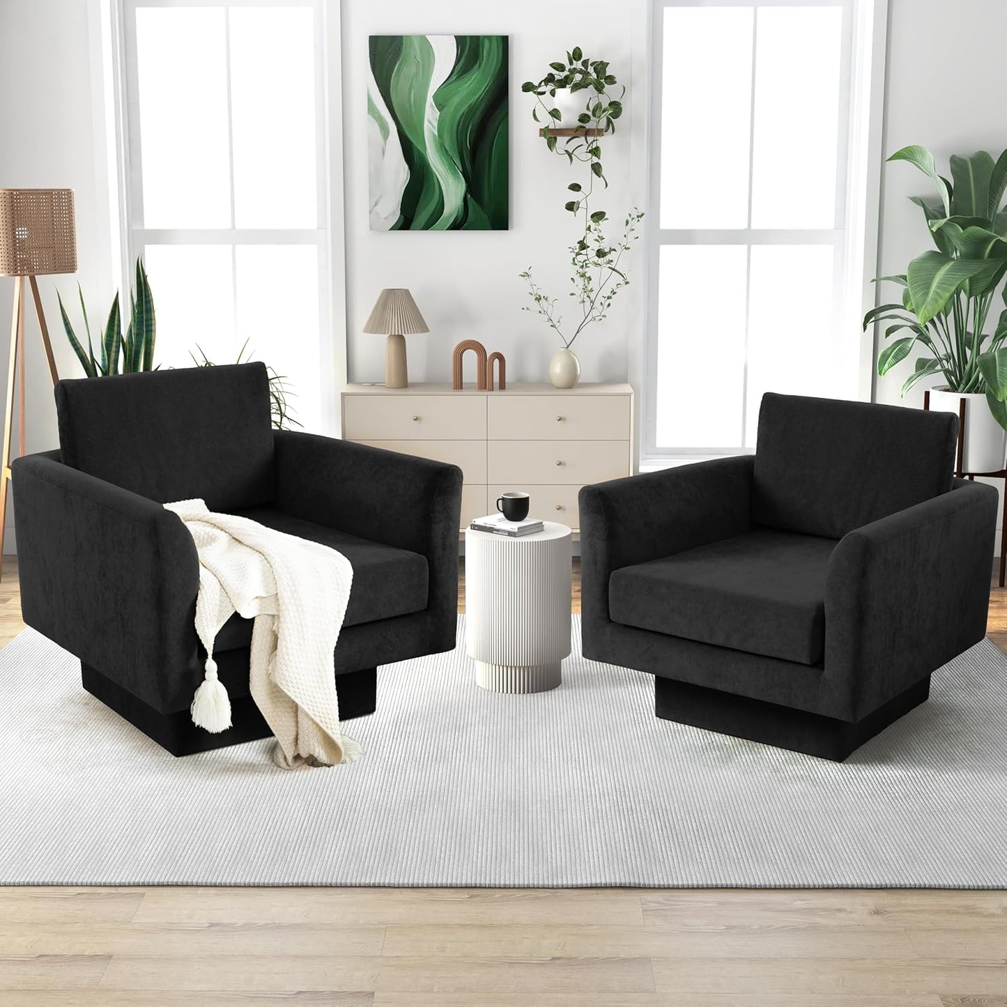 Modern Swivel Armchairs Set, Comfy 360 Rotation, 2 Pcs, Black