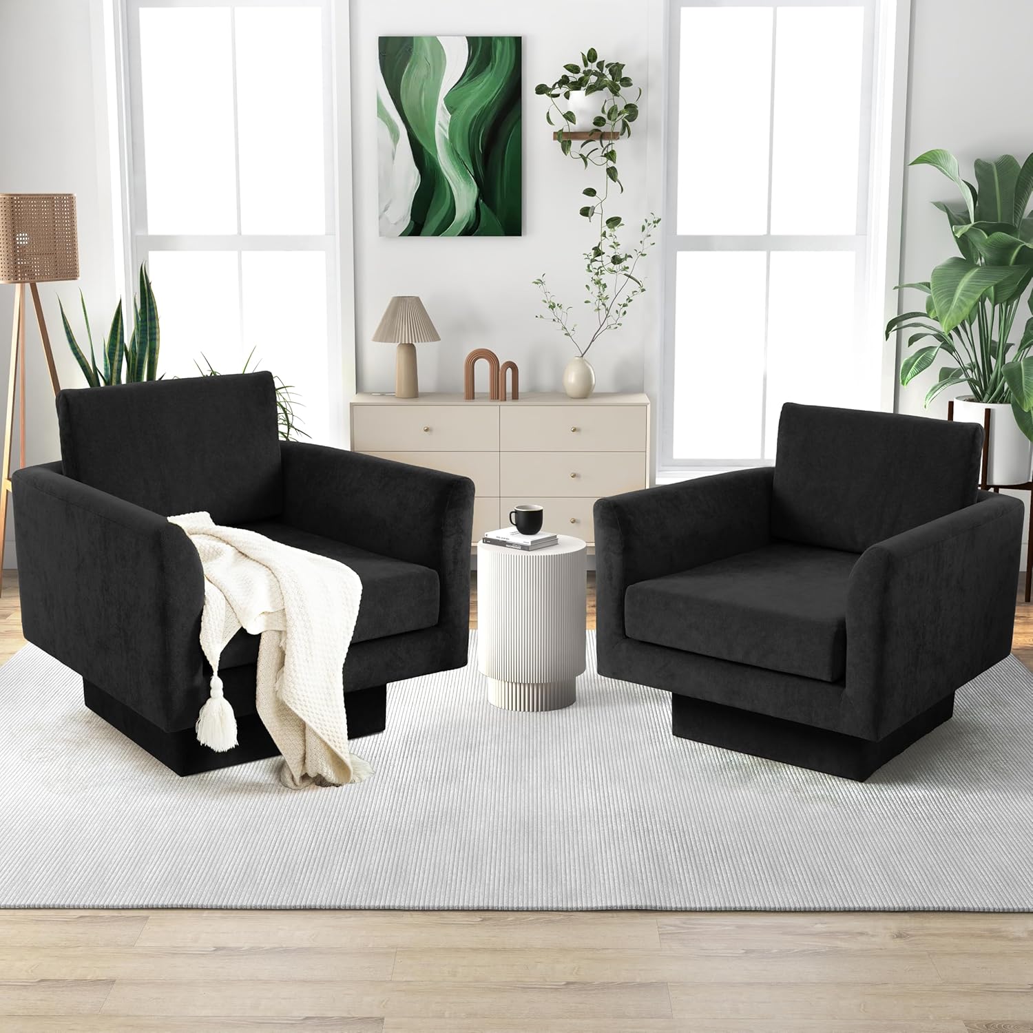 Modern Swivel Armchairs Set, Comfy 360 Rotation, 2 Pcs, Black