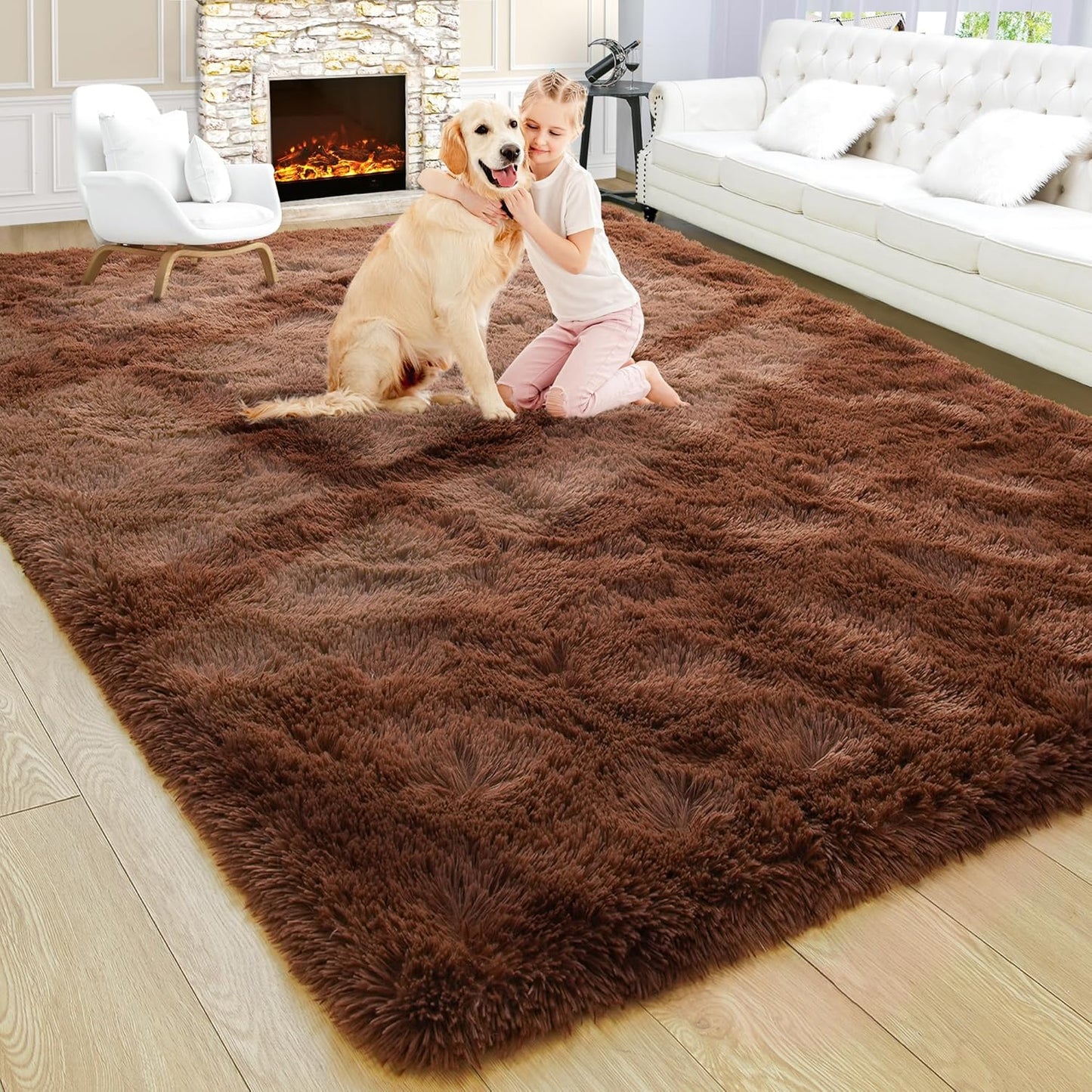 Large Fluffy Brown 5x8 Area Rugs for Living Room Bedroom