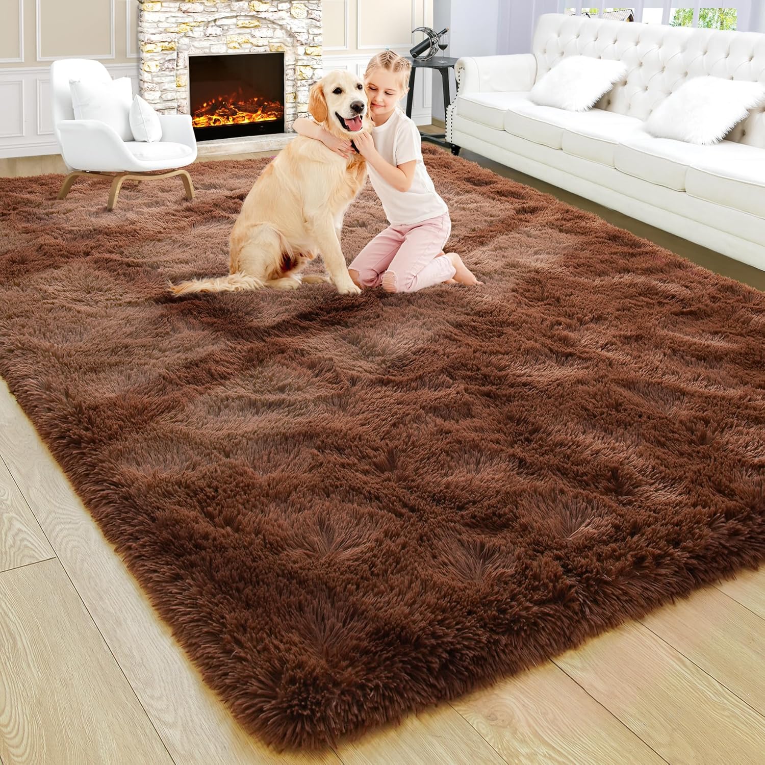 Large Fluffy Brown 5x8 Area Rugs for Living Room Bedroom