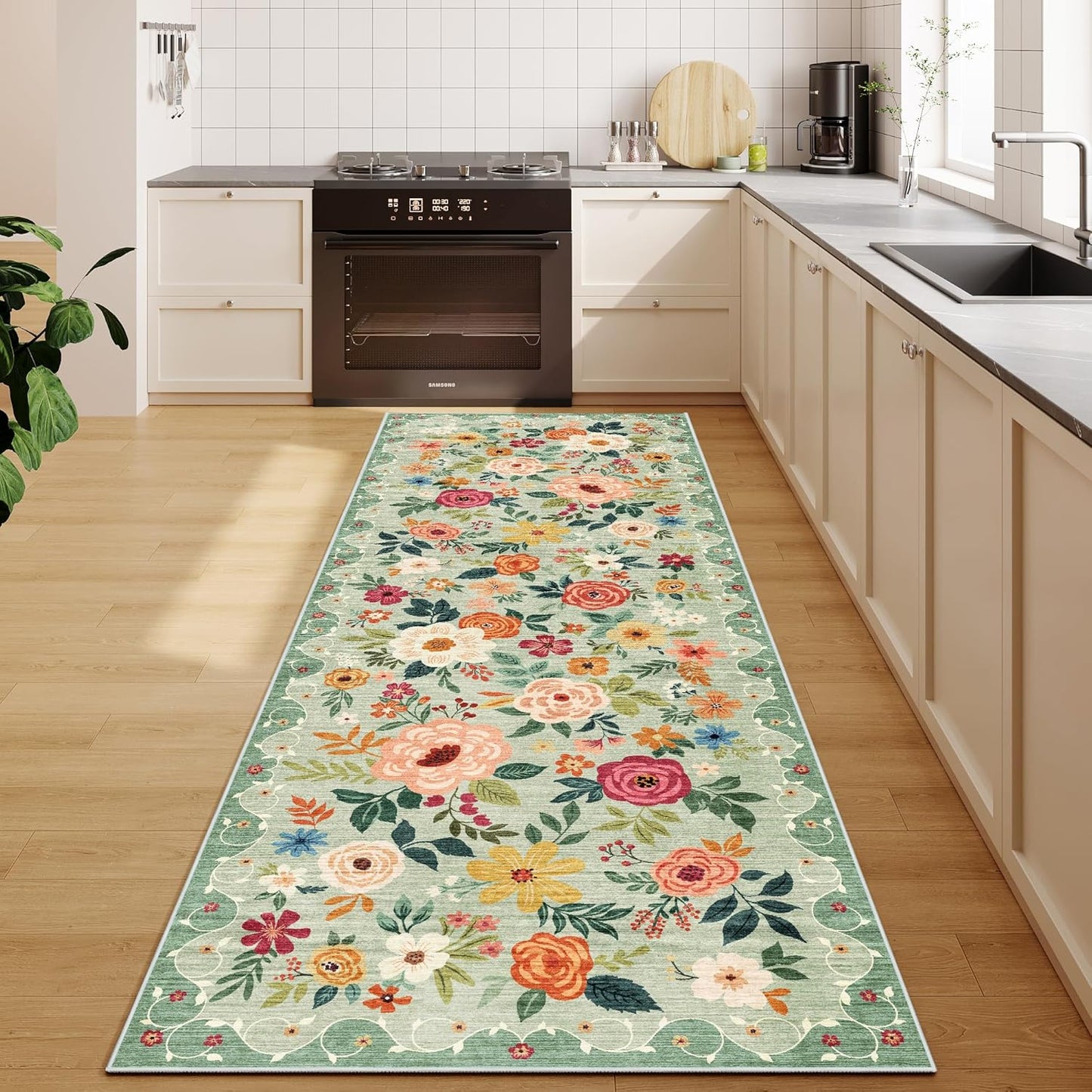 DUKINO 2x10 Kitchen Runner Rug - Soft Boho Floral Design