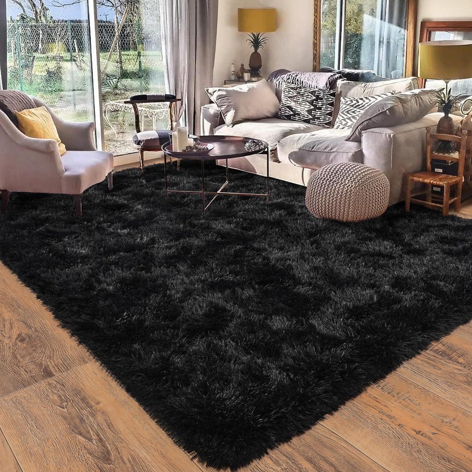 Soft Shaggy Black Rugs for Living Room 10x14, Plush Carpet