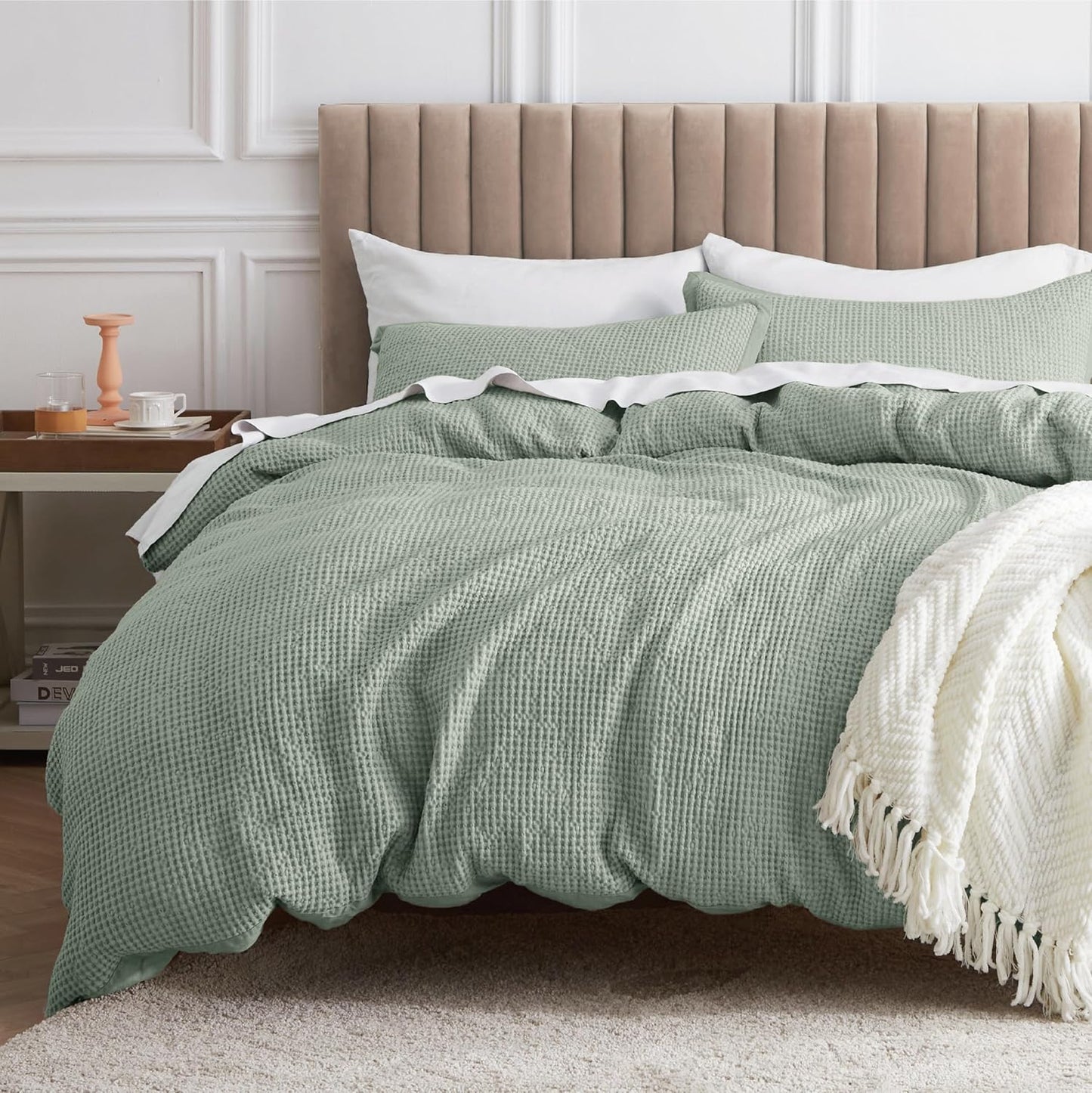 Bedsure Cotton Duvet Cover Queen - Waffle Weave Sage Green Set