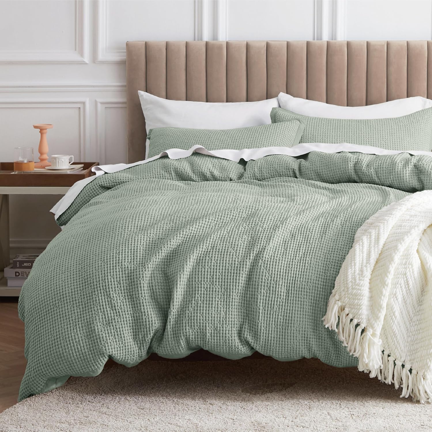 Bedsure Cotton Duvet Cover Queen - Waffle Weave Sage Green Set