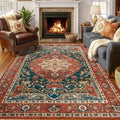 Area Rug 4x6 Machine Washable Red Abstract Boho Rug - Low Pile