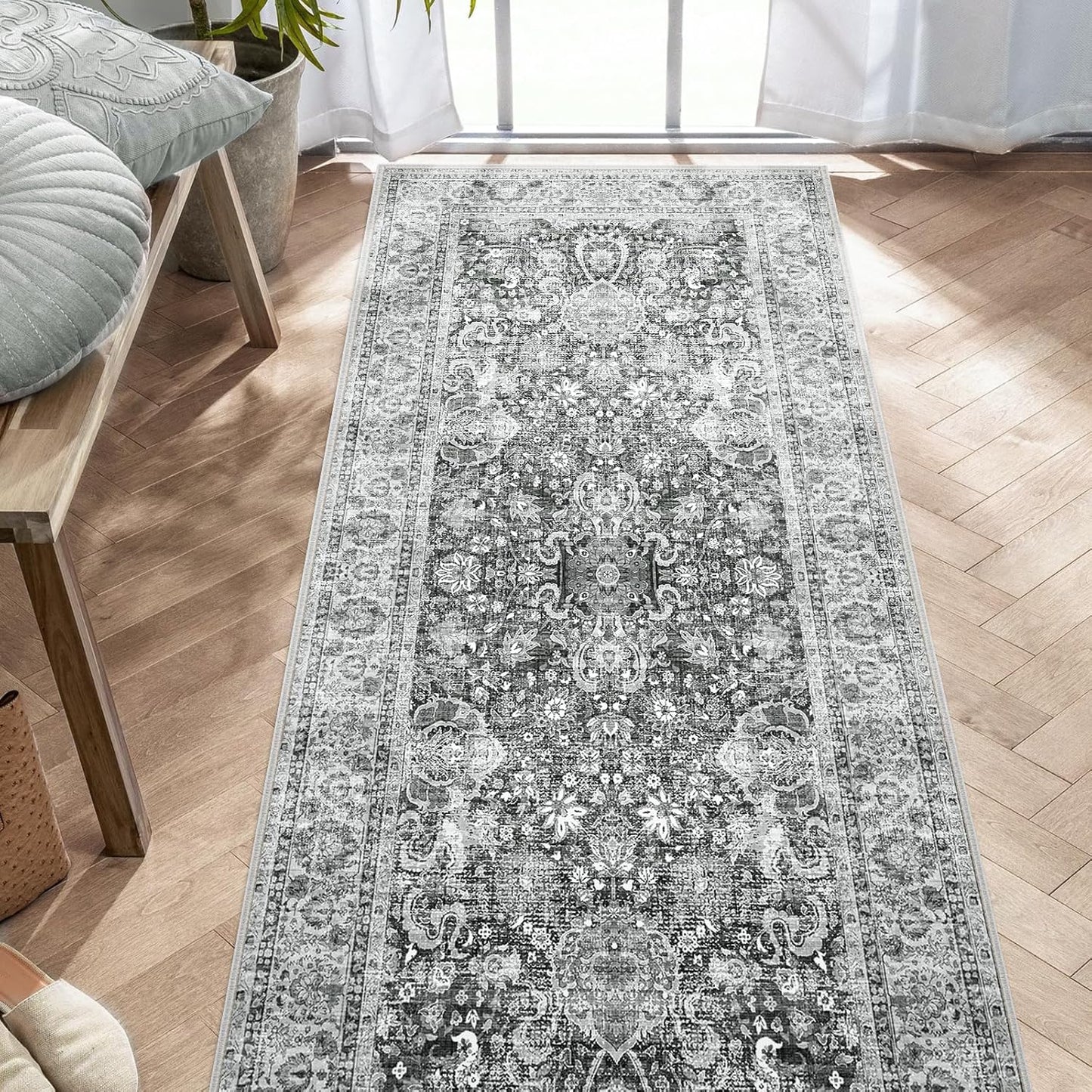 Grey Rug Runner 3x7 Ft Non-Slip Vintage Hallway Carpet