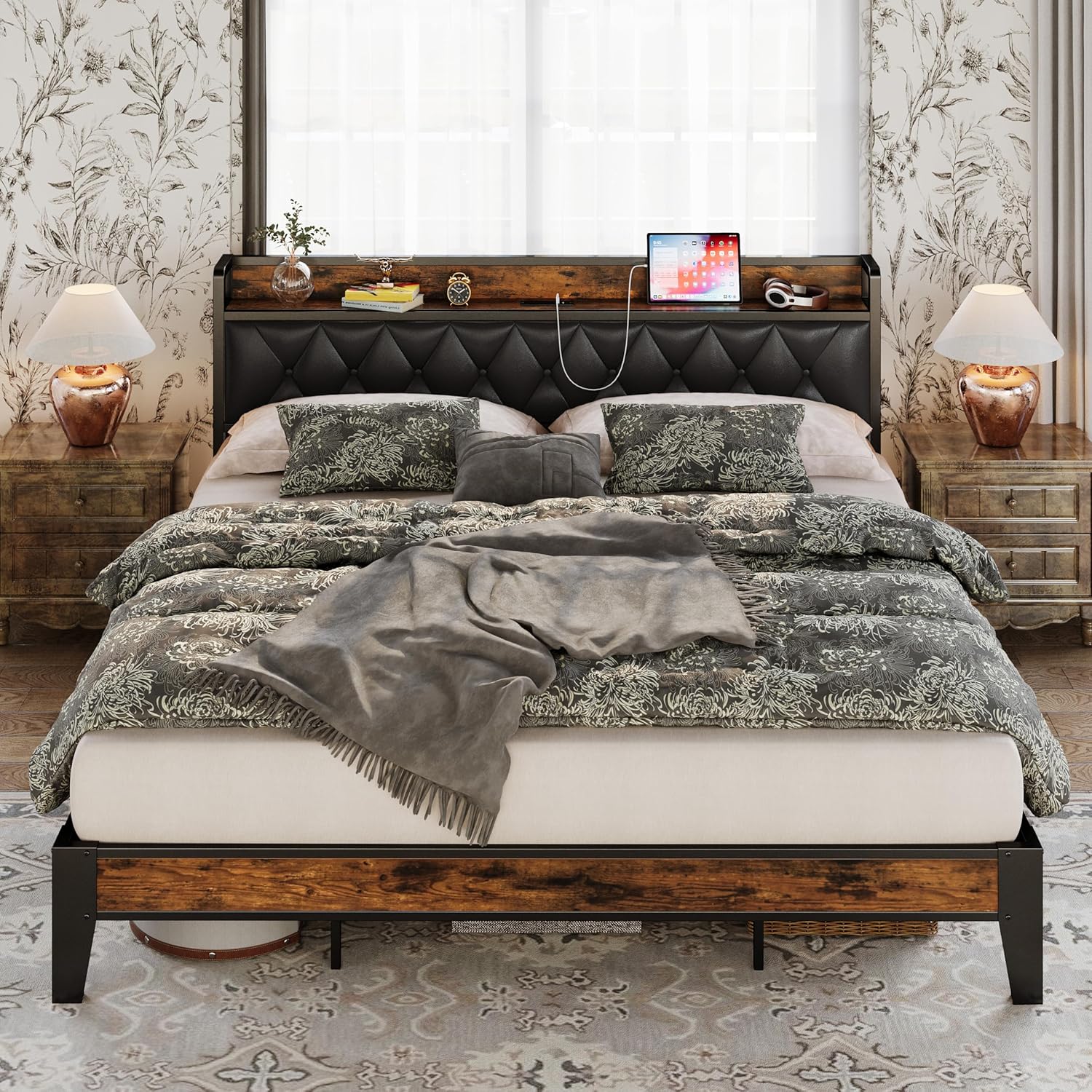 ANCATOR California King Bed Frame with Storage Headboard and Outlets