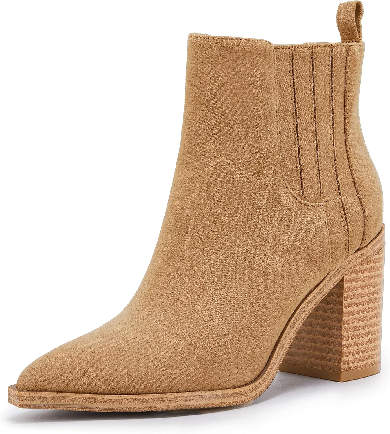 Womens Ankle Boots Slip on Pointed Toe Chunky Block Mid Heel