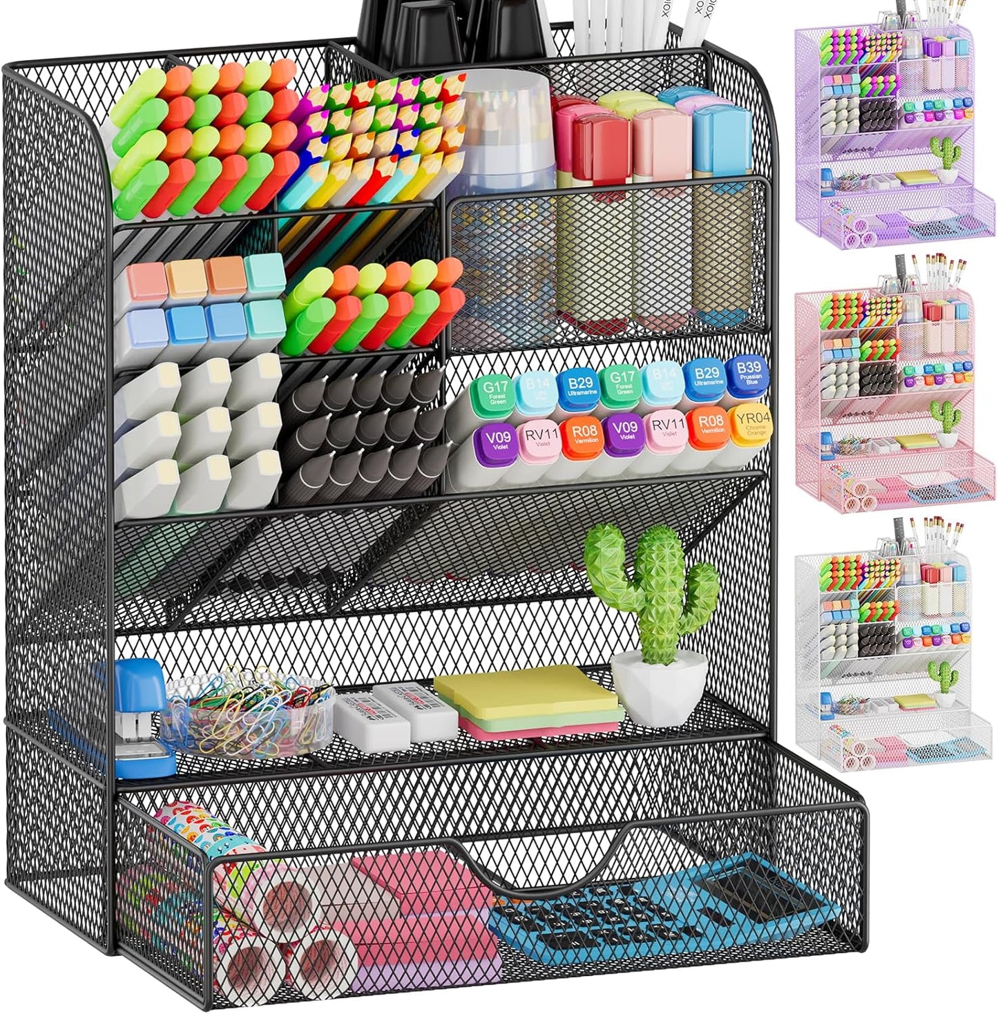 OPNICE Black Pen Holder with Drawer - Desk Organization Powerhouse