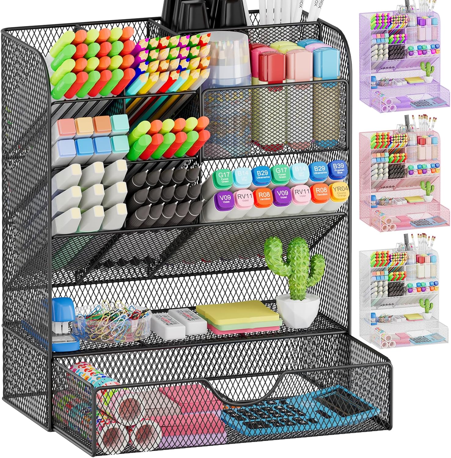 OPNICE Black Pen Holder with Drawer - Desk Organization Powerhouse