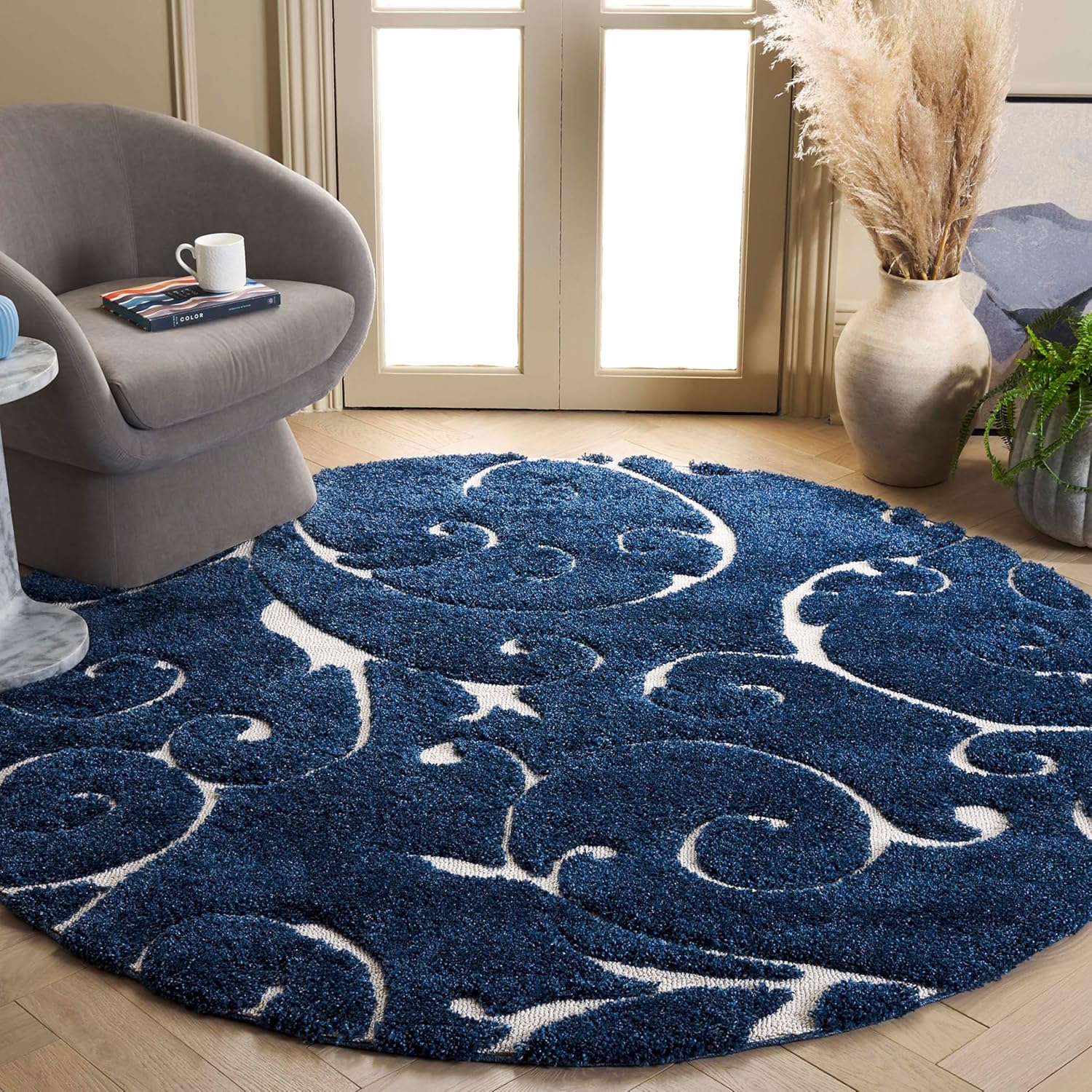 SAFAVIEH Florida Shag Collection 9ft Round Dark Blue Area Rug