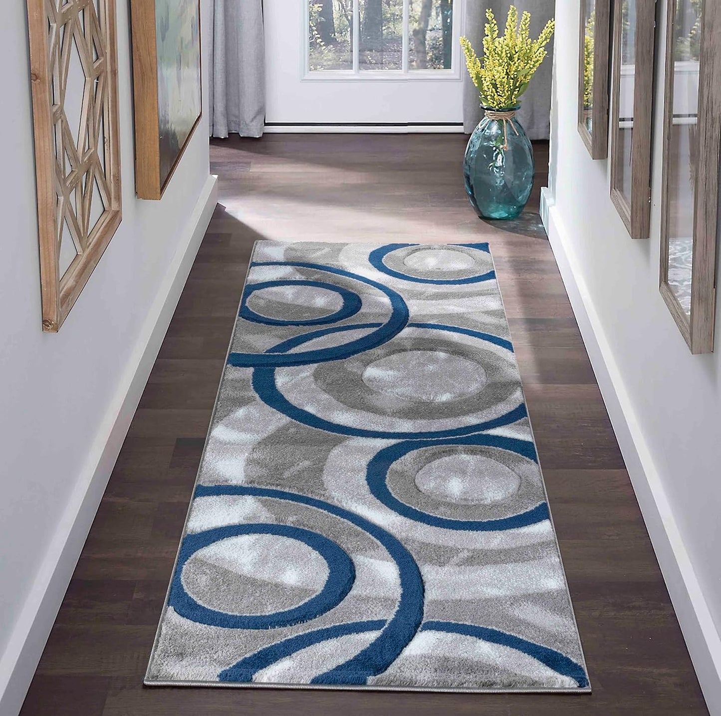 Modern Area Rug 2x7 Navy Circles Soft Hand Carved Design