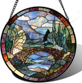 Stained Glass Window Hanging Blue Landscape Arch Bridge Sun Catcher