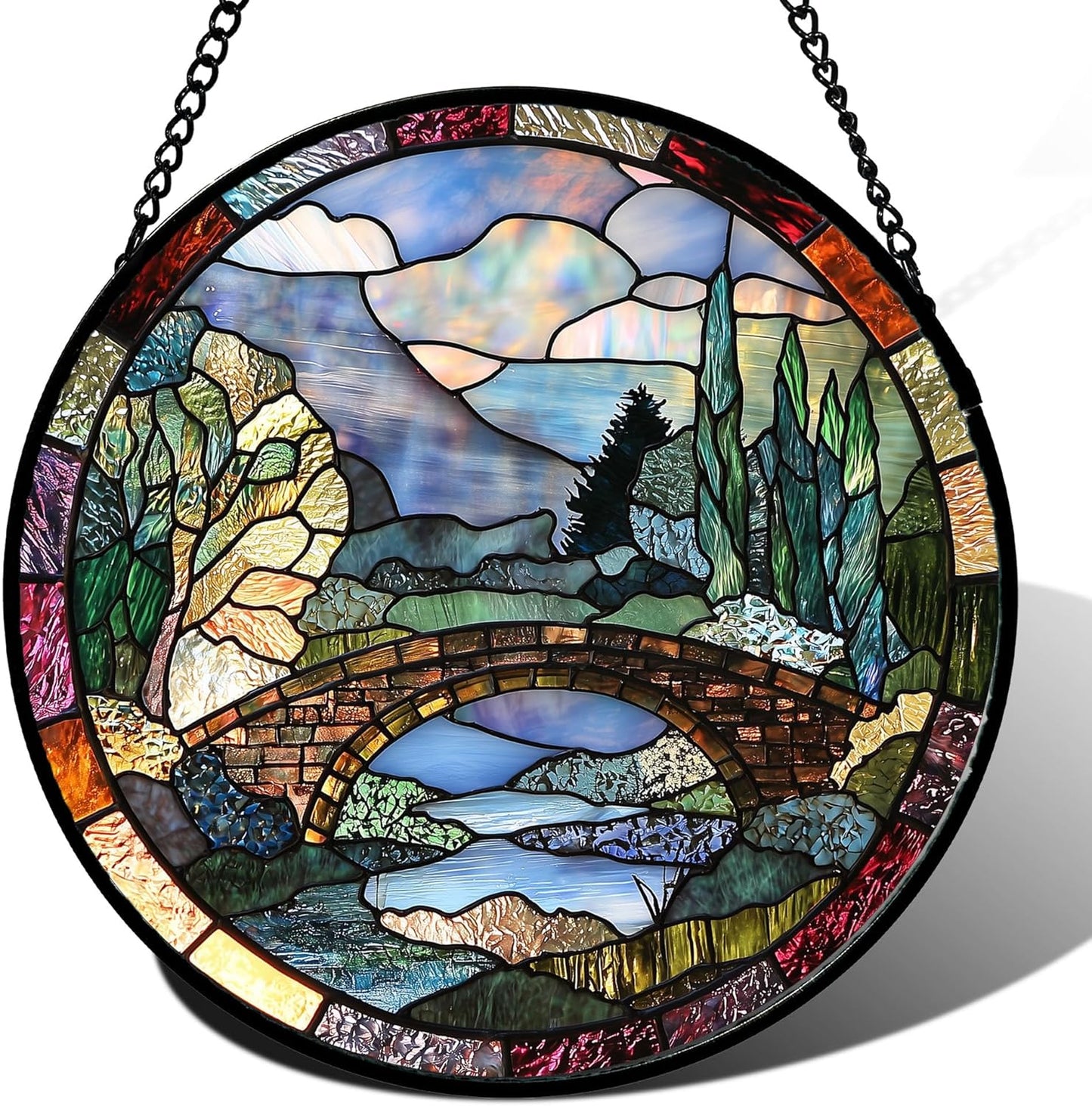 Stained Glass Window Hanging Blue Landscape Arch Bridge Suncatcher