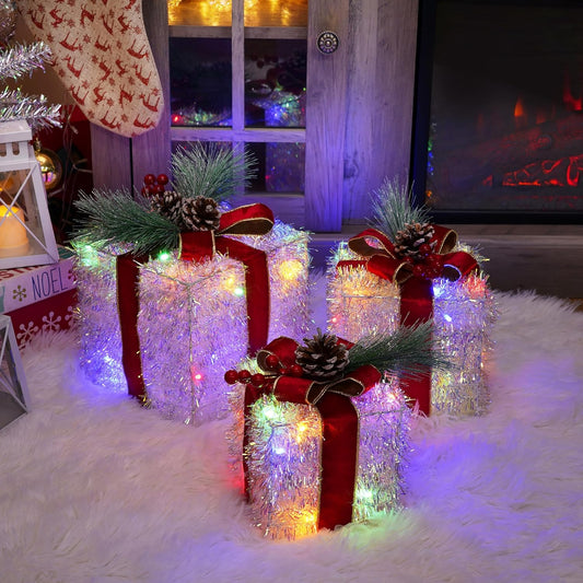 Set of 3 Lighted Christmas Gift Boxes for Festive Decor
