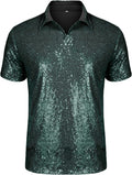 URRU Men's Relaxed Sequin Polo Shirt for Disco Night Parties