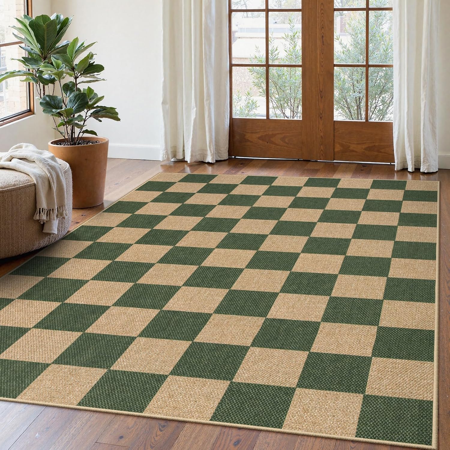 Lahome Checkered Easy Jute Dining Room Rug for Indoor Outdoor