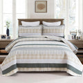 Cotton King Size Quilt - Beige Grey Plaid 3-Piece Set - Lightweight