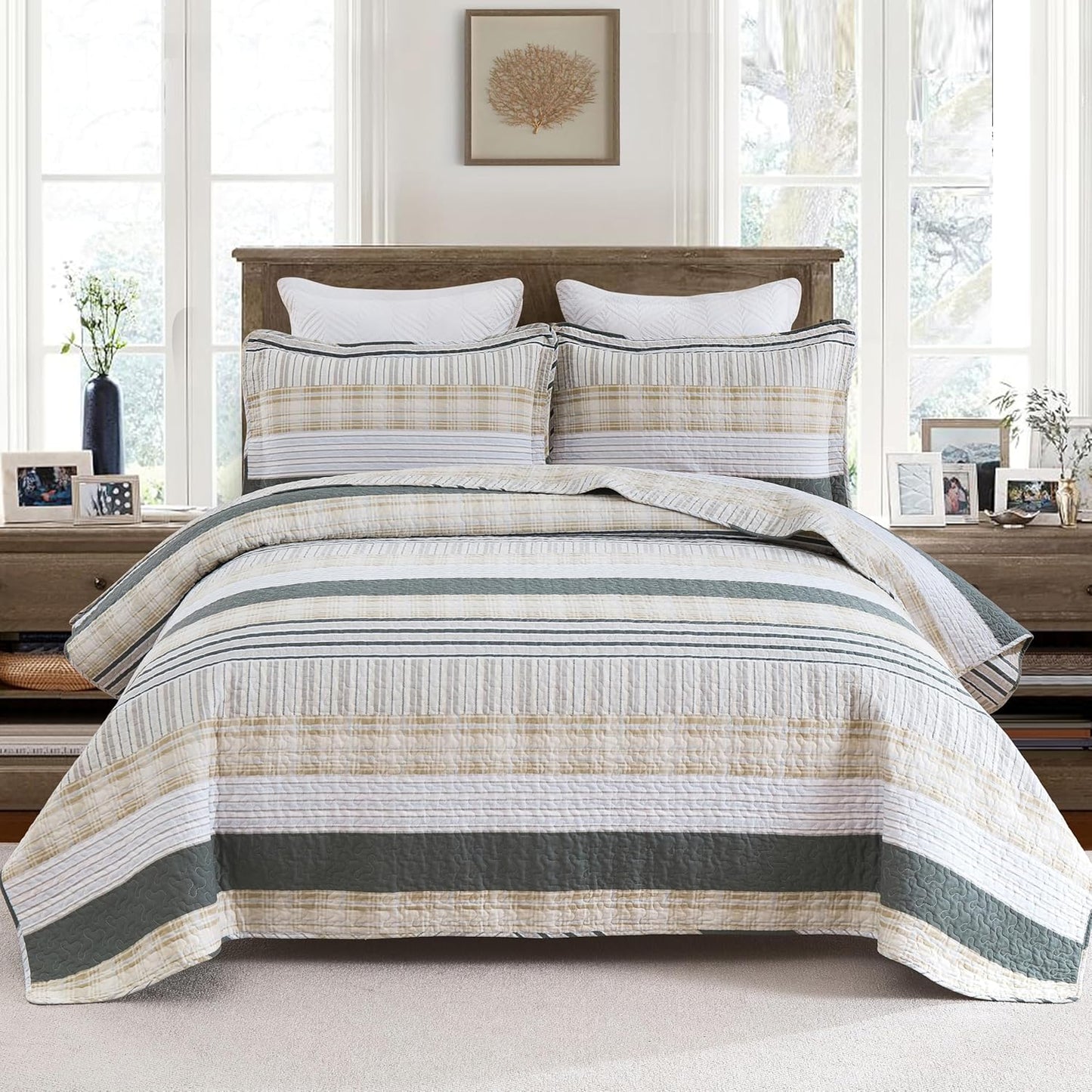 Homzard King Size Quilt Set - Cotton Beige Grey Plaid Bedding