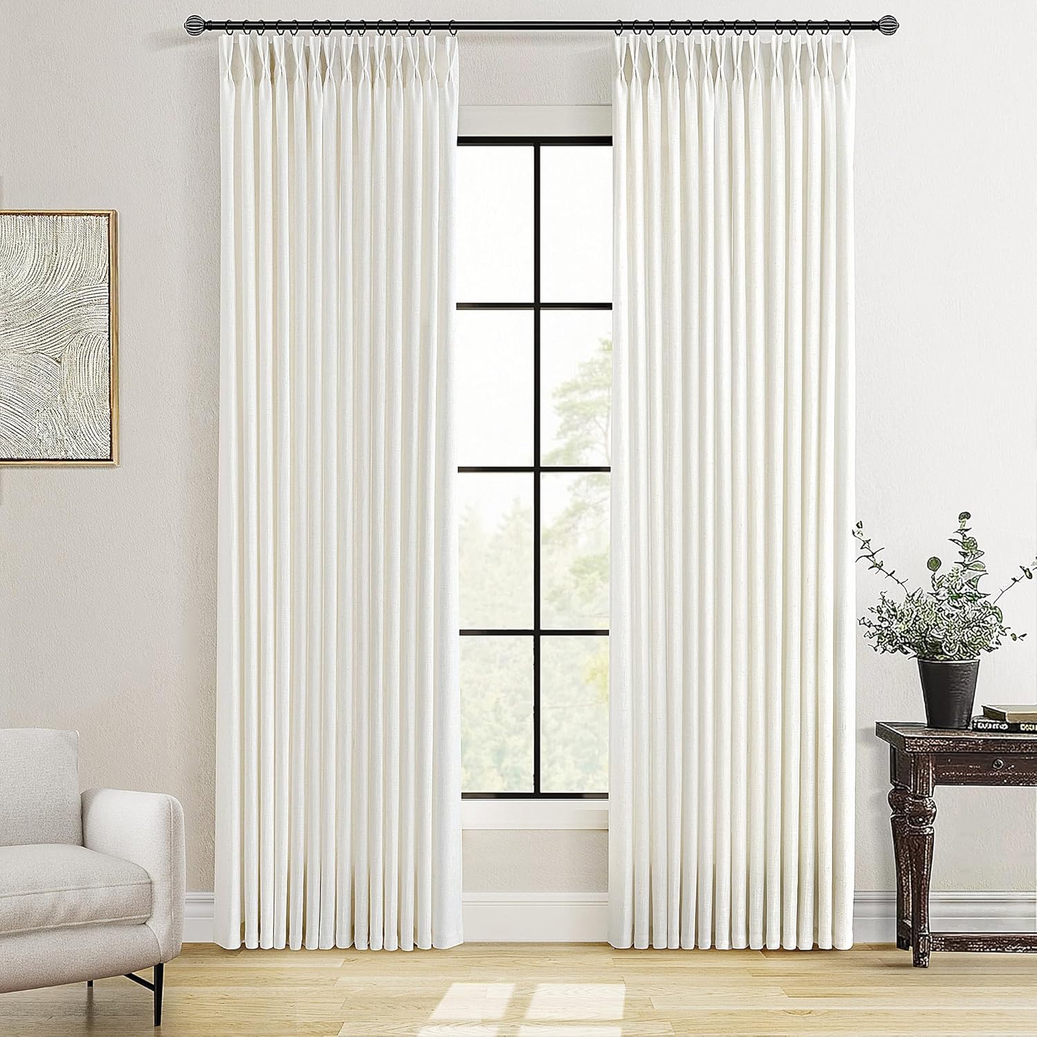 Beige White Pleated Curtains 84 Inches Long for Living Room