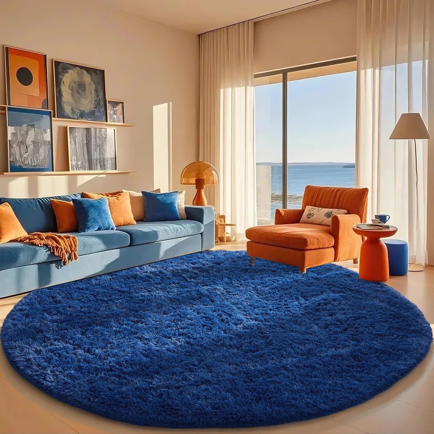 Ophanie Round 8Ft Blue Circle Area Rug for Kids Room Decor