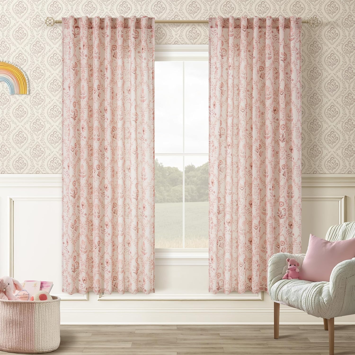 Pink Floral Linen Curtains 72 Inch Length for Living Room