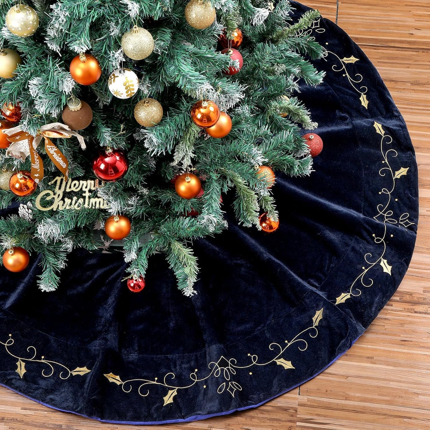 60inch Extra Large Christmas Tree Skirt with Gold Embroidery