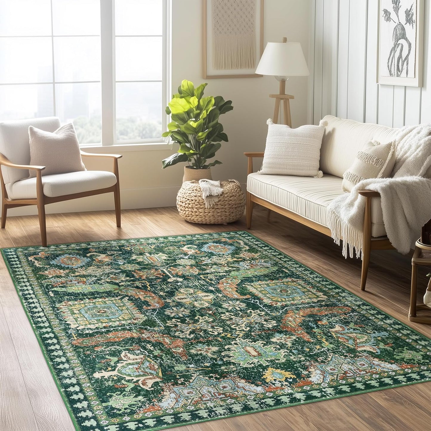 4x6 ft Washable Area Rug, Non-Slip Indoor Green Boho Design