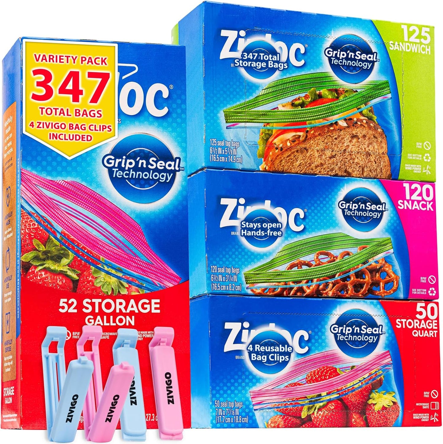 Ziplock Bags Variety Pack with Stay Open Design for Easy Storage